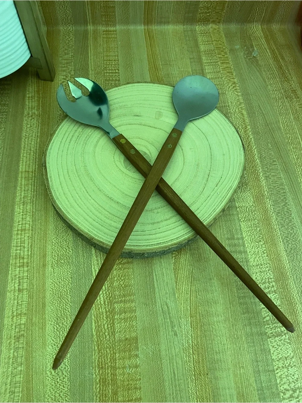MCM Brown Wood Handle Stainless Steel Salad Servers Set